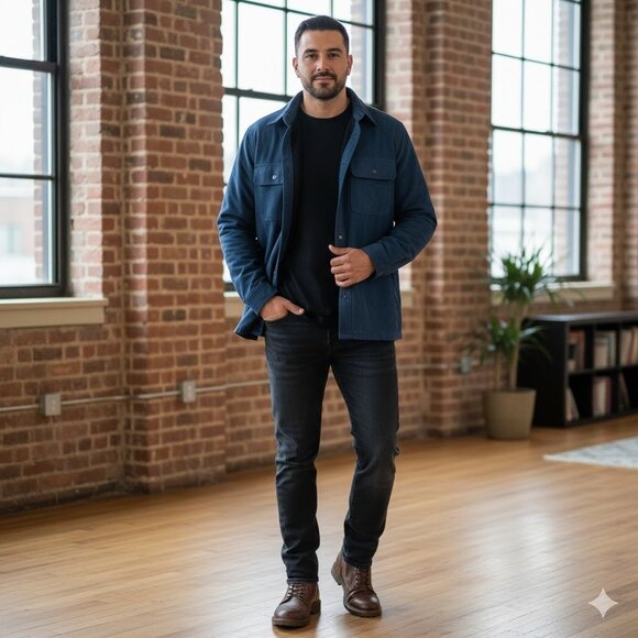 Mens Faux Suede Shacket Overshirt SZ M Transition Mid-Layer Fleece Lined Indigo - Picture 15 of 15